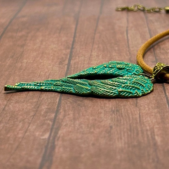 Handmade Antique Patina Angel Wings Pendant Necklace with Brown Leather Cord! - Picture 4 of 5